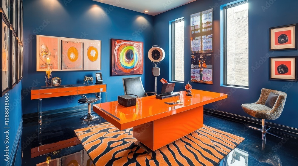 Modern orange desk in a blue office with artwork. Modern orange desk in a blue office with artwork.