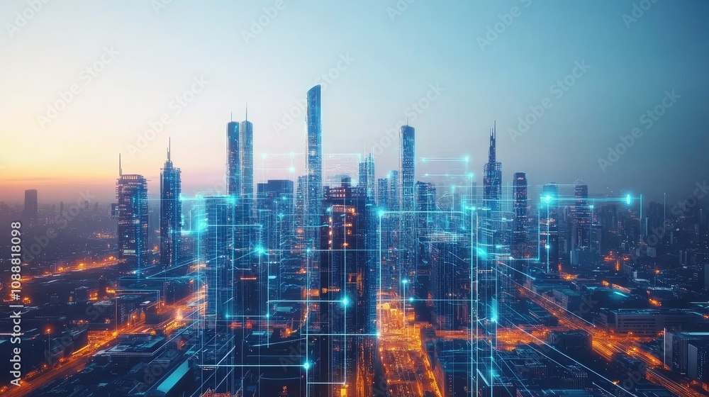Fototapeta premium Futuristic cityscape at dawn, connected by digital network.