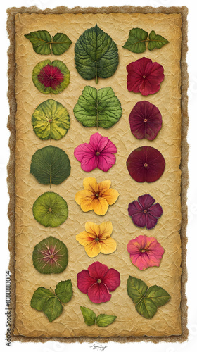 Collection of colorful plant leaves and flowers, arranged vertically on aged paper background.