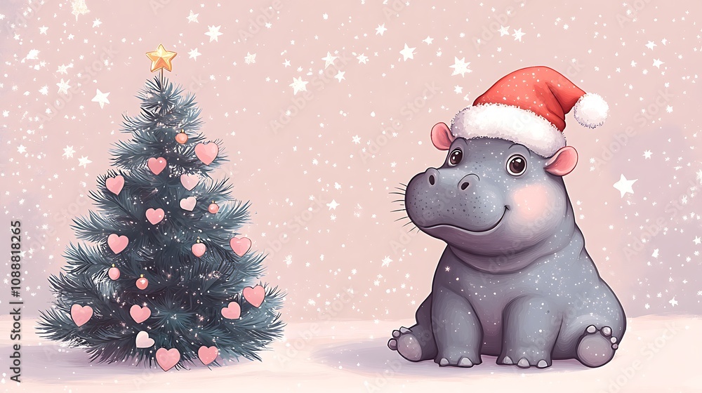 Charming Pygmy Hippo by a Festive Christmas Tree Charming Pygmy Hippo by a Festive Christmas Tree