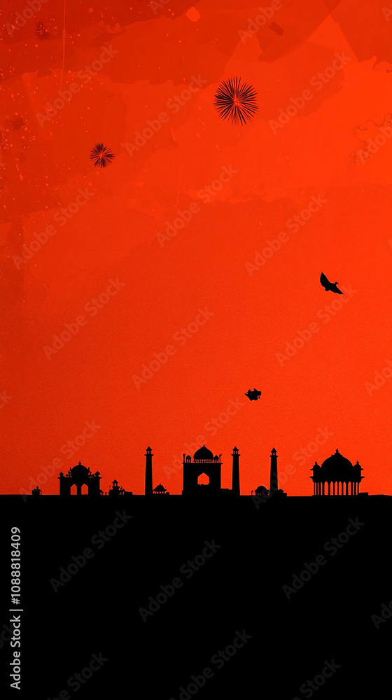 Fototapeta premium A silhouette of a city skyline with a red sky in the background.
