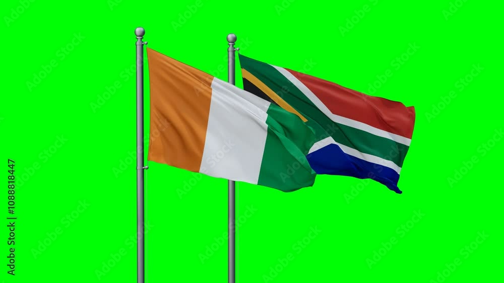 Republic of South Africa and Ivory Coast flags flying together, video concept of the relationship with colored chroma key for easy background remove, two country cooperation concept Republic of South Africa and Ivory Coast flags flying together, video concept of the relationship with colored chroma key for easy background remove, two country cooperation concept