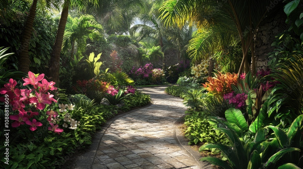 Lush Tropical Garden Pathway Surrounded by Greenery Lush Tropical Garden Pathway Surrounded by Greenery