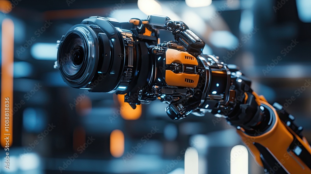 Robotic arm with camera in industrial setting. Robotic arm with camera in industrial setting.