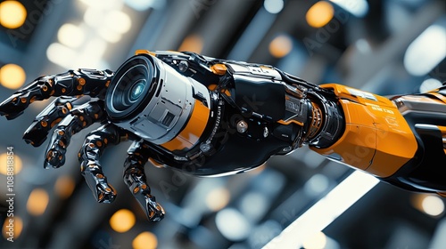 Robotic arm with camera lens, futuristic technology.