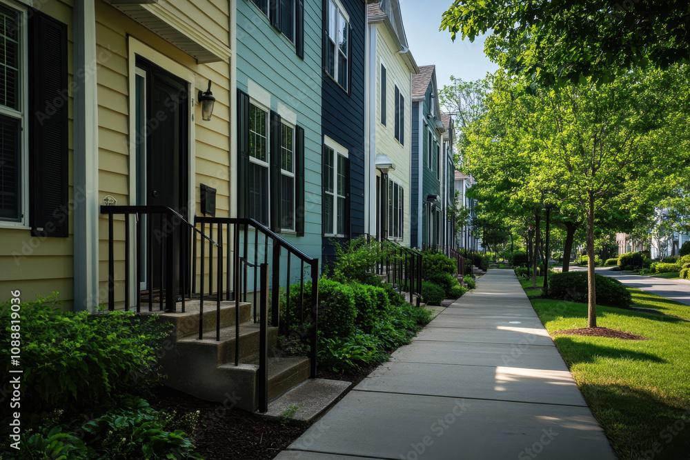 Charming row of colorful suburban homes with lush greenery along a sunny, tree-lined sidewalk, creating a peaceful and inviting neighborhood atmosphere. Charming row of colorful suburban homes with lush greenery along a sunny, tree-lined sidewalk, creating a peaceful and inviting neighborhood atmosphere.