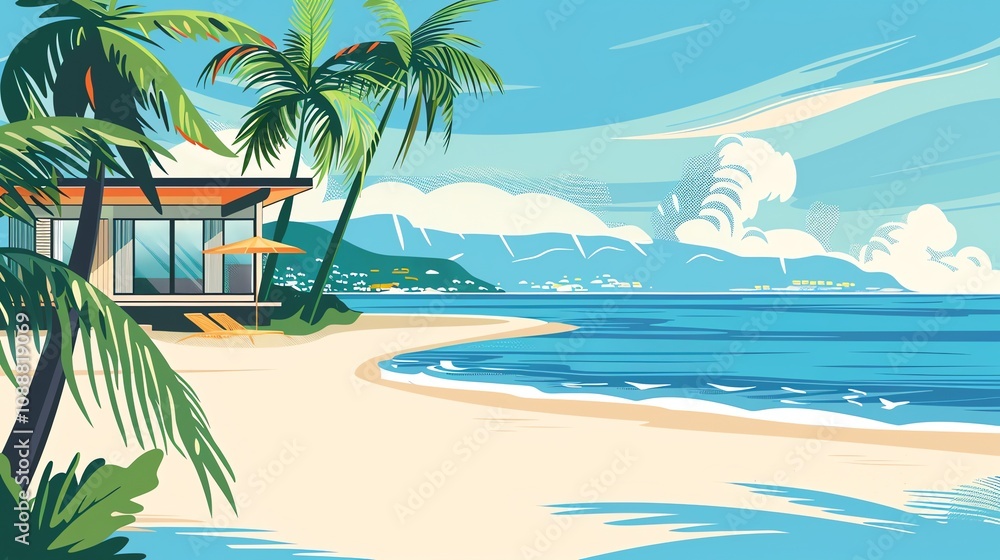 A cartoon illustration of a tropical beach with palm trees, a hut, and the ocean. A cartoon illustration of a tropical beach with palm trees, a hut, and the ocean.