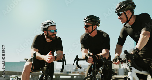 Fitness, relax and cycling with friends in city for triathlon challenge, race and workout. Wellness, exercise and competition with men and bike in outdoors for sports, carbon footprint and cardio photo