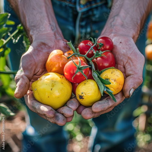 Hands holding freshly picked fruits and vegetable