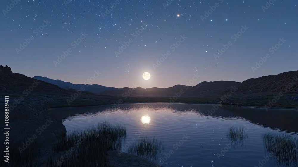 Full moon reflecting on a calm desert lake at night, starry sky. Full moon reflecting on a calm desert lake at night, starry sky.