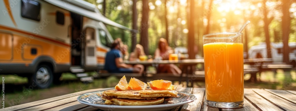 Family Camping Breakfast:A Morning Feast in the Wilderness.Concept ofFamily bonding,outdoor living,simple pleasures,and wholesome lifestyle,RV rental,camping gear,family travel,breakfast food brands. Family Camping Breakfast:A Morning Feast in the Wilderness.Concept ofFamily bonding,outdoor living,simple pleasures,and wholesome lifestyle,RV rental,camping gear,family travel,breakfast food brands.
