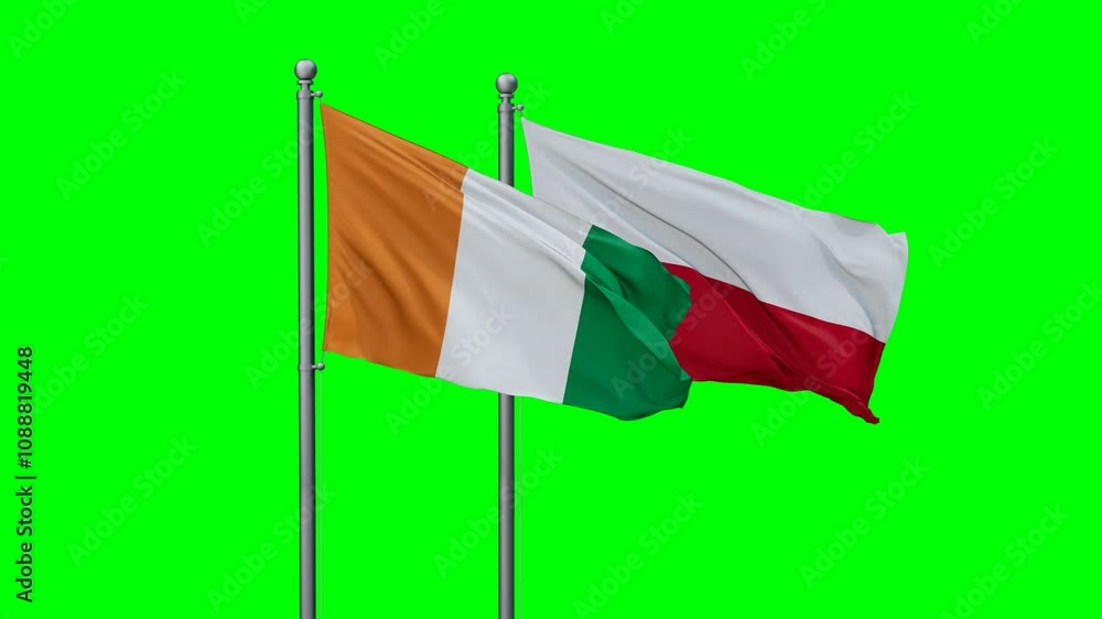 Poland and Ivory Coast flags flying together, video concept of the relationship with colored chroma key for easy background remove, two country cooperation concept Poland and Ivory Coast flags flying together, video concept of the relationship with colored chroma key for easy background remove, two country cooperation concept