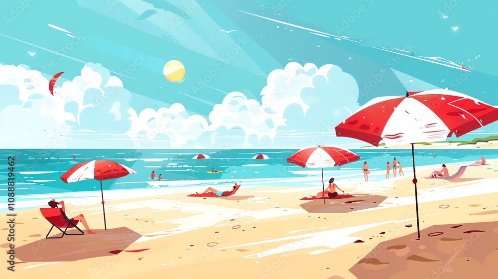 A cartoon illustration of a tropical beach scene with palm trees, people, and a bright blue sky. A cartoon illustration of a tropical beach scene with palm trees, people, and a bright blue sky.