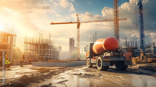 Construction site with cement mixer, cranes, and workers at sunset. photo