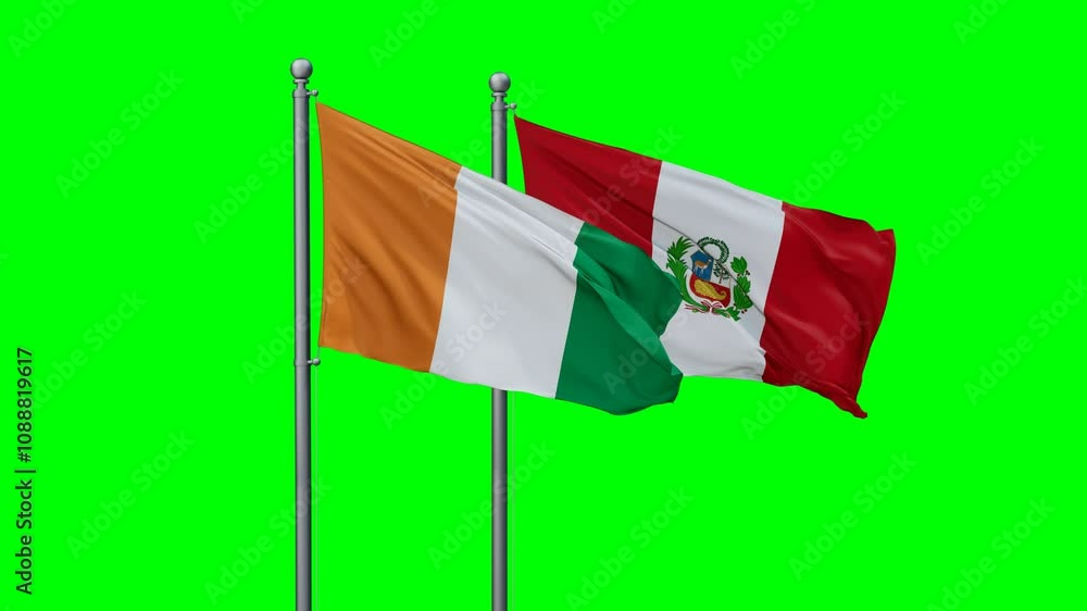 Peru and Ivory Coast flags flying together, video concept of the relationship with colored chroma key for easy background remove, two country cooperation concept Peru and Ivory Coast flags flying together, video concept of the relationship with colored chroma key for easy background remove, two country cooperation concept
