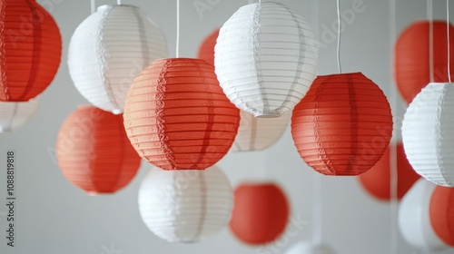 Red and white paper lanterns hanging. photo