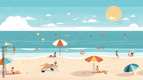 A cartoon illustration of a beach scene with people relaxing under umbrellas and a couple sunbathing.