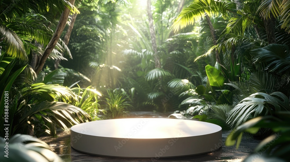 Obraz premium Sunlit round platform in lush tropical jungle.
