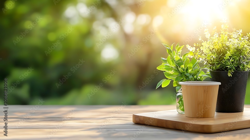 Close up of fresh green potted plants herbs and flowers on a wooden desk in front of a blurred natural green foliage background The scene is illuminated by warm sunlight creating a peaceful serene Close up of fresh green potted plants herbs and flowers on a wooden desk in front of a blurred natural green foliage background The scene is illuminated by warm sunlight creating a peaceful serene