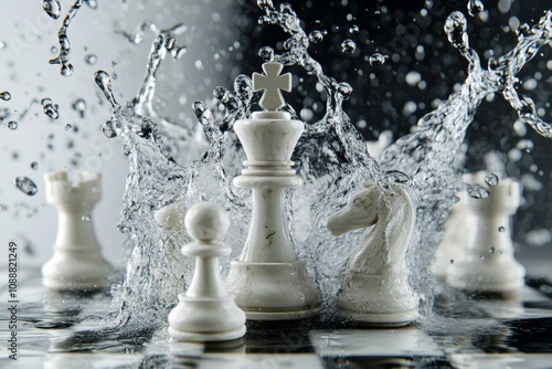 Monochrome marble chess showdown  a 3d checkmate strategy in water splashing action photo