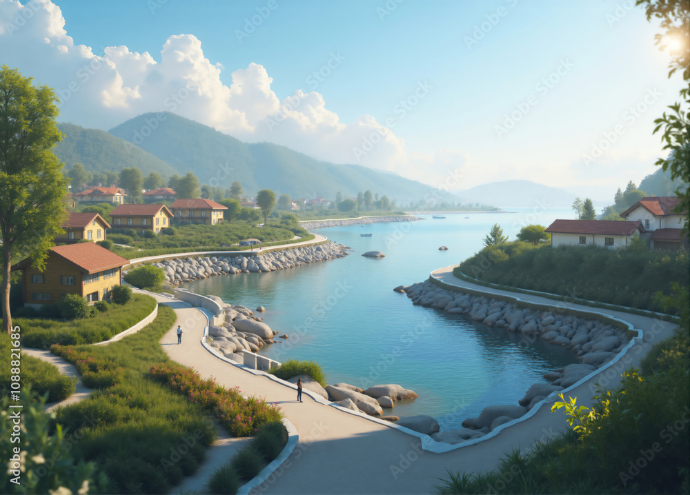 People walking on a promenade surrounded by lush greenery in a picturesque coastal town People walking on a promenade surrounded by lush greenery in a picturesque coastal town