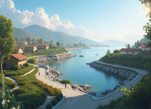 People walking on a promenade surrounded by lush greenery in a picturesque coastal town