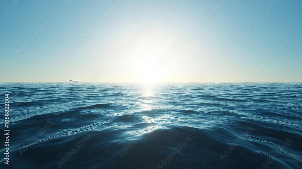 Obraz premium A small boat sails towards the horizon as the sun shines brightly in the sky over a calm, blue sea.