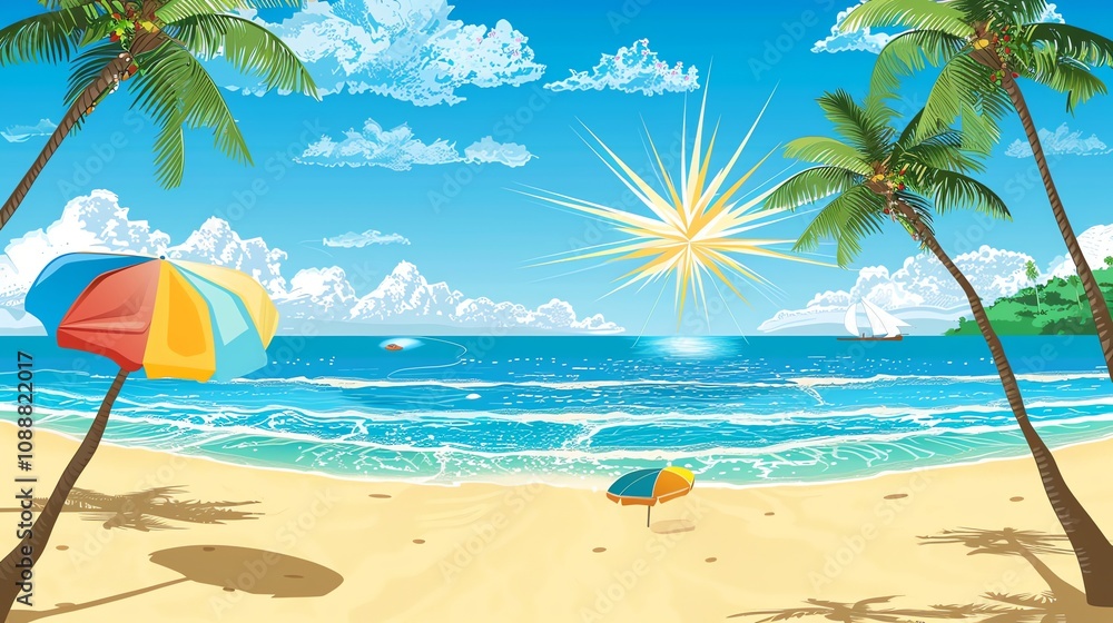 An illustration of a tropical beach with palm trees and a sailboat. An illustration of a tropical beach with palm trees and a sailboat.