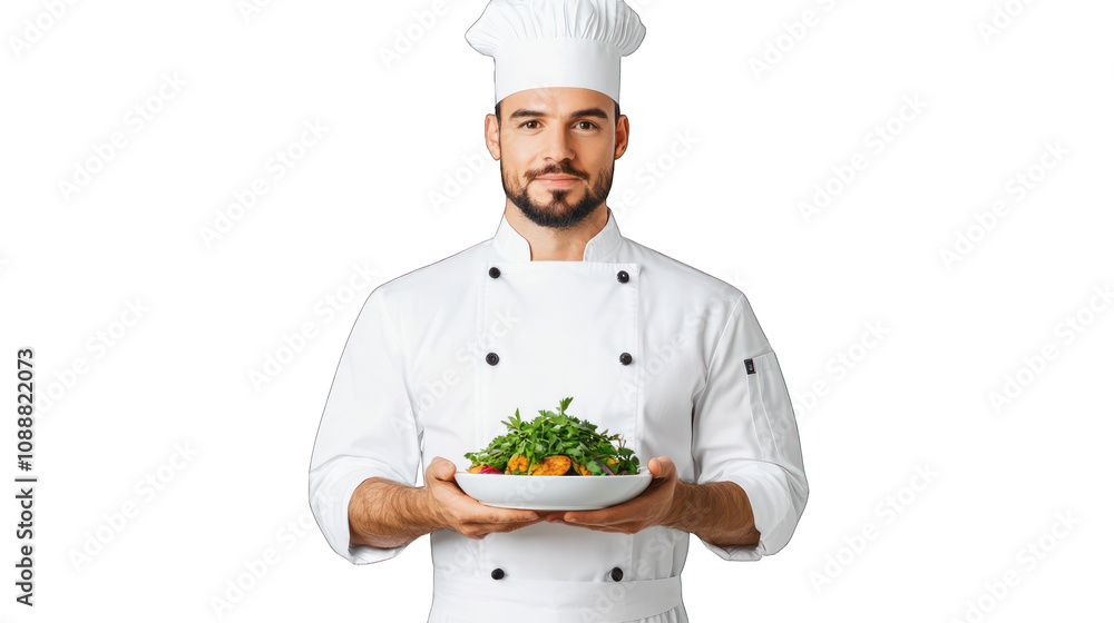 Chef presenting a fresh salad in a professional kitchen setting. Transparent background. Chef presenting a fresh salad in a professional kitchen setting. Transparent background.