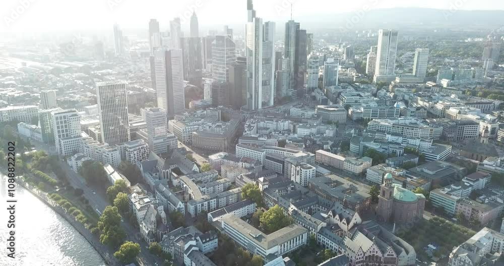 Frankfurt, Germany - September 20, 2020: Drone flight over the Main River, cityscape at sunset. Frankfurt, Germany - September 20, 2020: Drone flight over the Main River, cityscape at sunset.