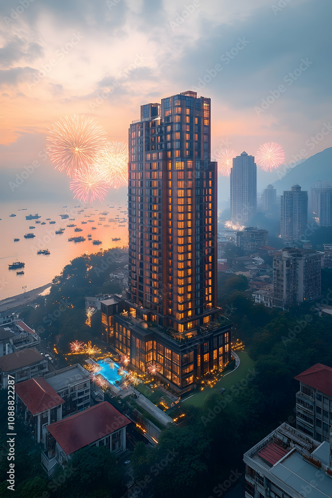 Obraz premium Aerial view of a modern high-rise hotel overlooking a city, bay, and fireworks display at twilight.