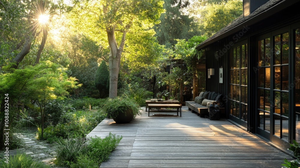 Sunlit deck with lush garden and modern home. Sunlit deck with lush garden and modern home.