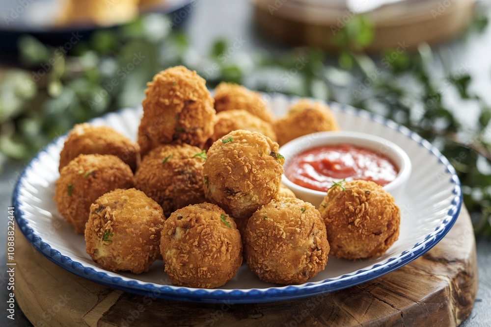 Golden fried chicken croquetas with a creamy bechamel filling, seasoned with espelette pepper. Perfect as tapas. Golden fried chicken croquetas with a creamy bechamel filling, seasoned with espelette pepper. Perfect as tapas.