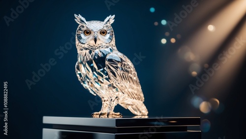 A graceful crystal owl, majestically perched on a sleek, silver pedestal