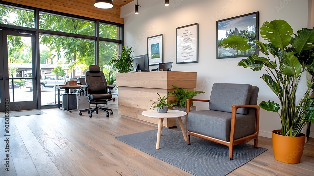 Spacious and Bright Modern Office Workspace with Sleek Furniture Greenery Decor and Inviting Ambiance for Business and Productivity Spacious and Bright Modern Office Workspace with Sleek Furniture Greenery Decor and Inviting Ambiance for Business and Productivity