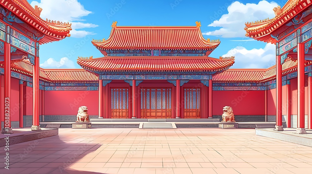 Fototapeta premium Majestic Chinese Palace Courtyard Digital Painting of an Ancient Asian Architectural Scene.