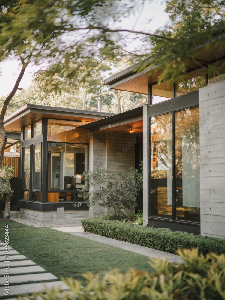 Obraz premium Modern Contemporary Home with Floor-to-Ceiling Windows and Beautiful Landscaping