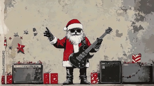 Rockin’ Santa: A Modern Holiday Icon with Electric Guitar and Spiked Bracelets, Perfect as a Festive Poster for Your Sports Room or Music Studio!