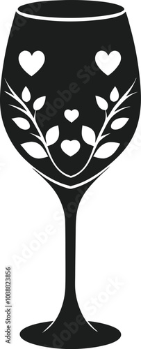 Decorative Wine Glass Silhouette with Hearts and Leaves Vector Illustration