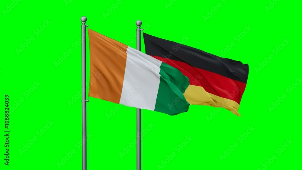 Germany and Ivory Coast flags flying together, video concept of the relationship with colored chroma key for easy background remove Germany and Ivory Coast flags flying together, video concept of the relationship with colored chroma key for easy background remove