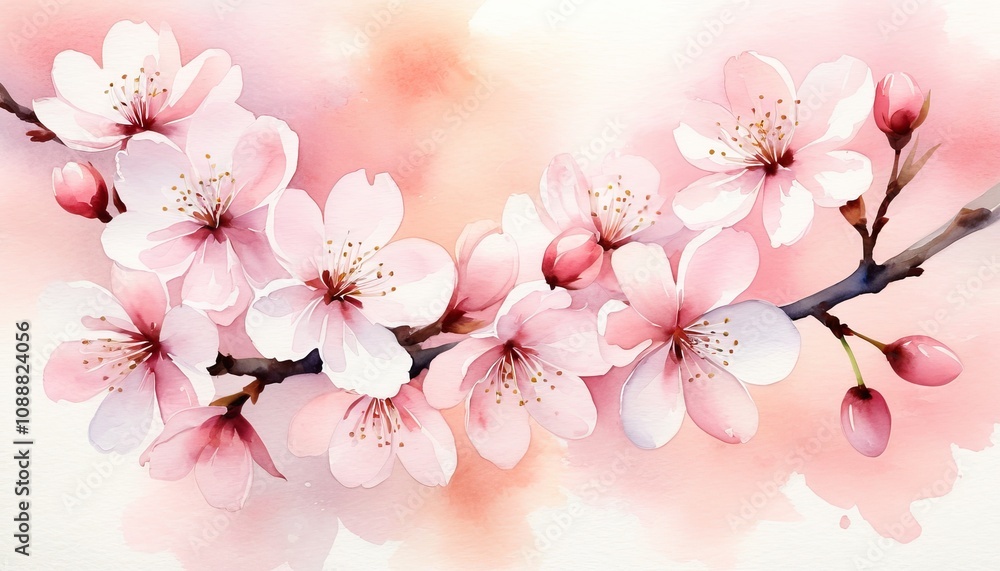 Delicate cherry blossom branch with soft pink watercolor background Delicate cherry blossom branch with soft pink watercolor background