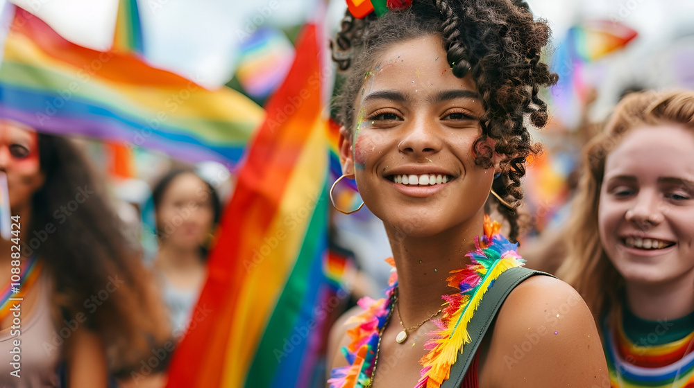 Portrait of young people rallying for LGBTQ+ rights at a Pride month parade with diversity and rainbow flags Portrait of young people rallying for LGBTQ+ rights at a Pride month parade with diversity and rainbow flags