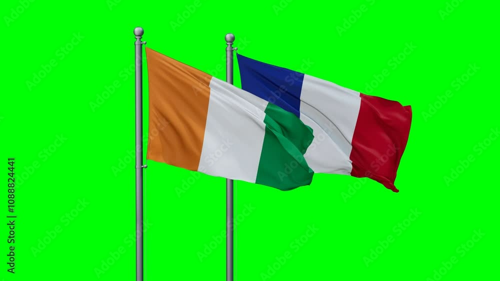 France and Ivory Coast flags waving together, video concept of the relationship with colored chroma key for easy background remove France and Ivory Coast flags waving together, video concept of the relationship with colored chroma key for easy background remove
