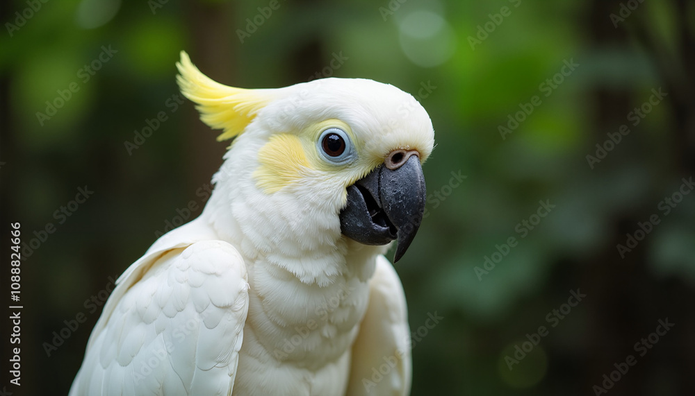 White Cockatoo with Yellow Crest in Profile Looking at Camera Close-Up White Cockatoo with Yellow Crest in Profile Looking at Camera Close-Up