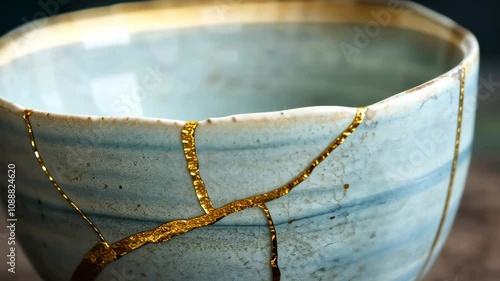 A close-up view of a small, pale blue bowl mended using the kintsugi method