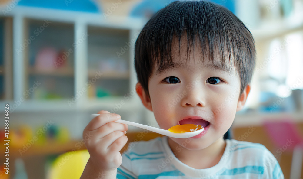 happy little asian boy looking at the camera, eating jelly at home. happy little asian boy looking at the camera, eating jelly at home.