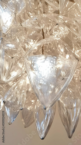 Close-up of a modern, translucent glass chandelier. photo