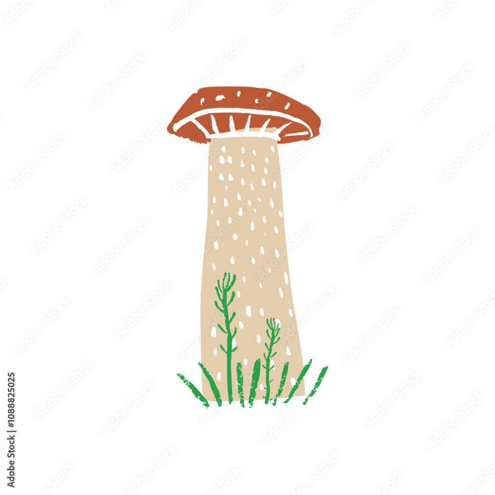 Illustration of a tall mushroom surrounded by small green plants. Minimalist style and earthy colors, natural, rustic look, perfect for nature-themed artwork and botanical collections. Illustration of a tall mushroom surrounded by small green plants. Minimalist style and earthy colors, natural, rustic look, perfect for nature-themed artwork and botanical collections.