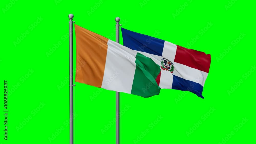 Dominican Republic and Ivory Coast flags flying together, video concept of the relationship with colored chroma key for easy background remove Dominican Republic and Ivory Coast flags flying together, video concept of the relationship with colored chroma key for easy background remove