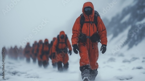 Wallpaper Mural A team in orange suits treks through a snowy landscape. Torontodigital.ca